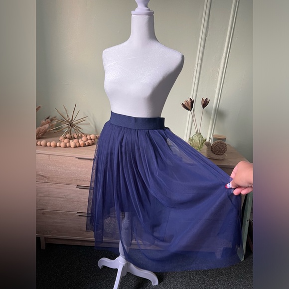 Navy Blue Modest Layered Pleated Highwaist Mesh Tutu Midi Knee-Length Skirt XS-S - Picture 12 of 16